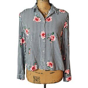H&M Divided Button-Up Blouse 8 Black Gingham Floral Lng Slv Lightweight Festive